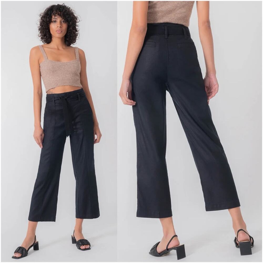 LEVEL 99 Bette Seamed Linen Blend Crop Pant in Bold Black